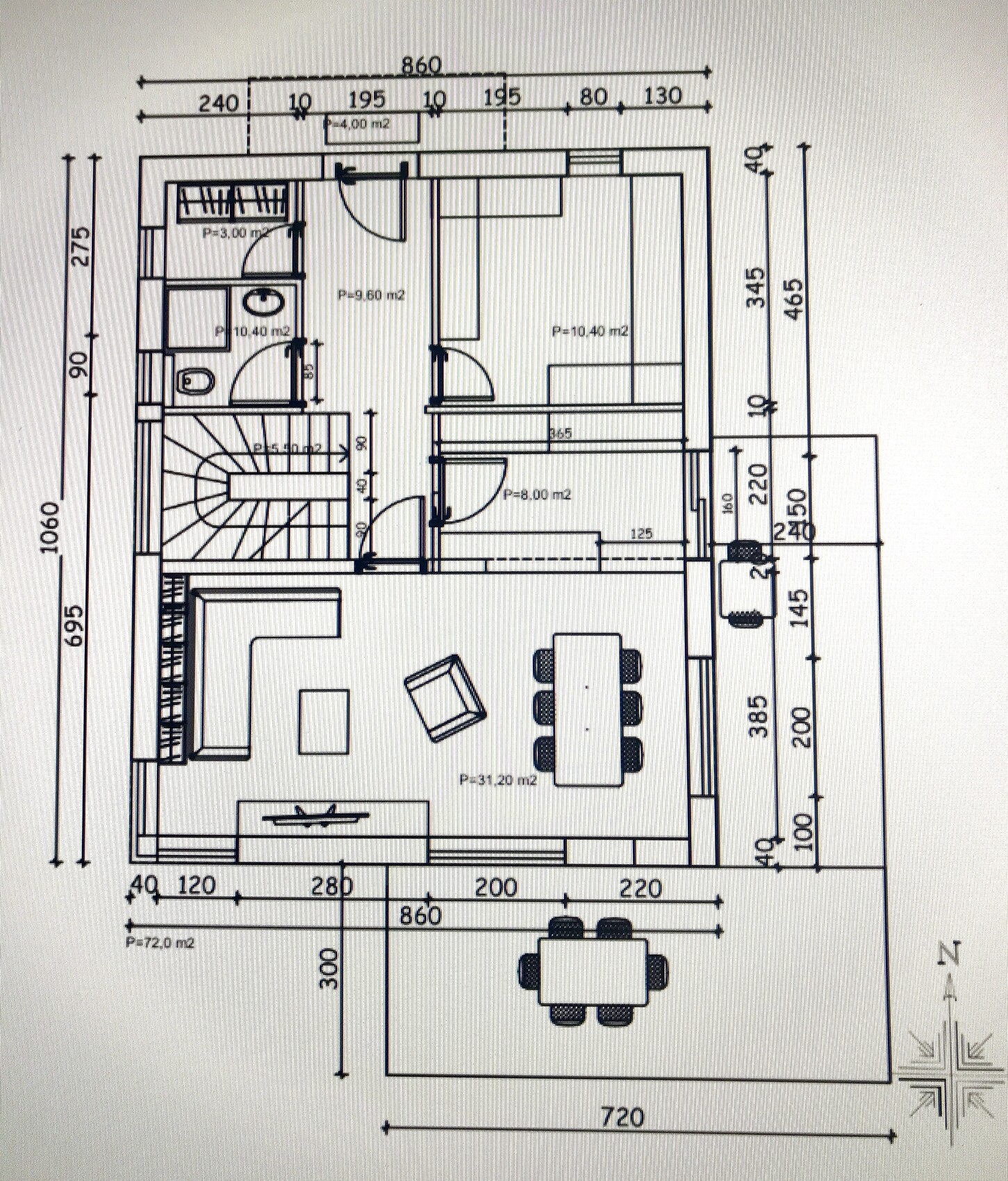 Detaillierter Grundriss eines Hauses mit Wohnzimmer, Küche, Essbereich, Bad, Treppe und Maße.