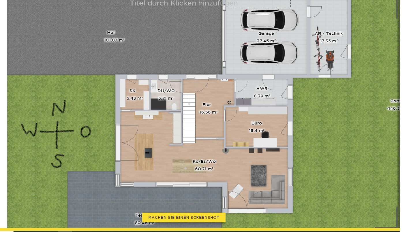 Grundriss eines Hauses mit offenem Wohnen, Büro, Flur, Küche, Garage und Garten.