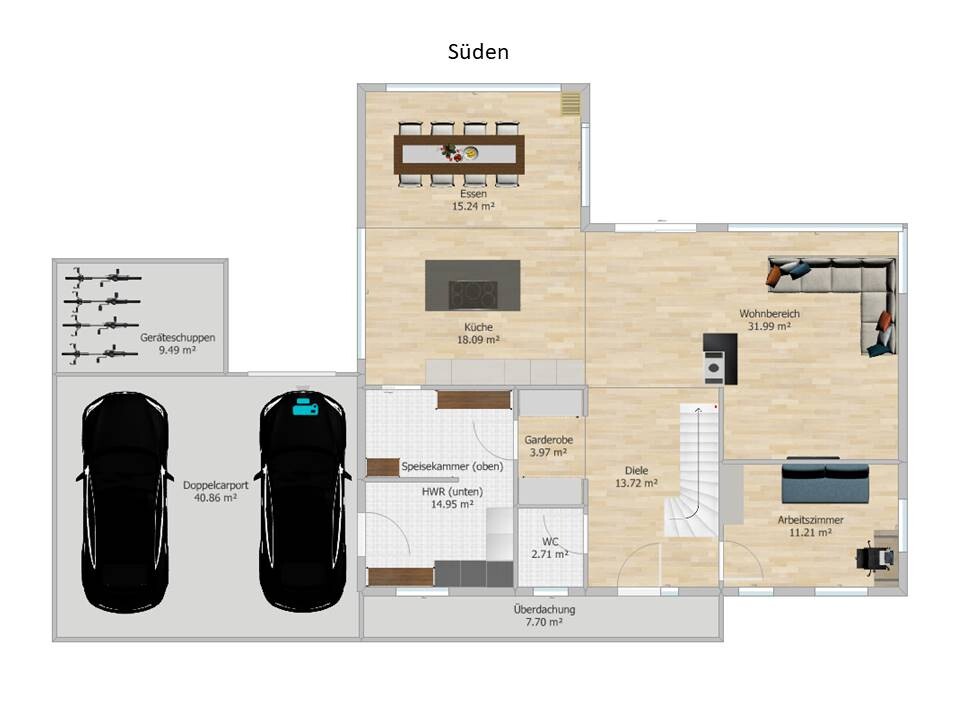 Grundriss eines Hauses mit Küche, Essbereich, Wohnbereich, Arbeitszimmer, Diele und Carport.