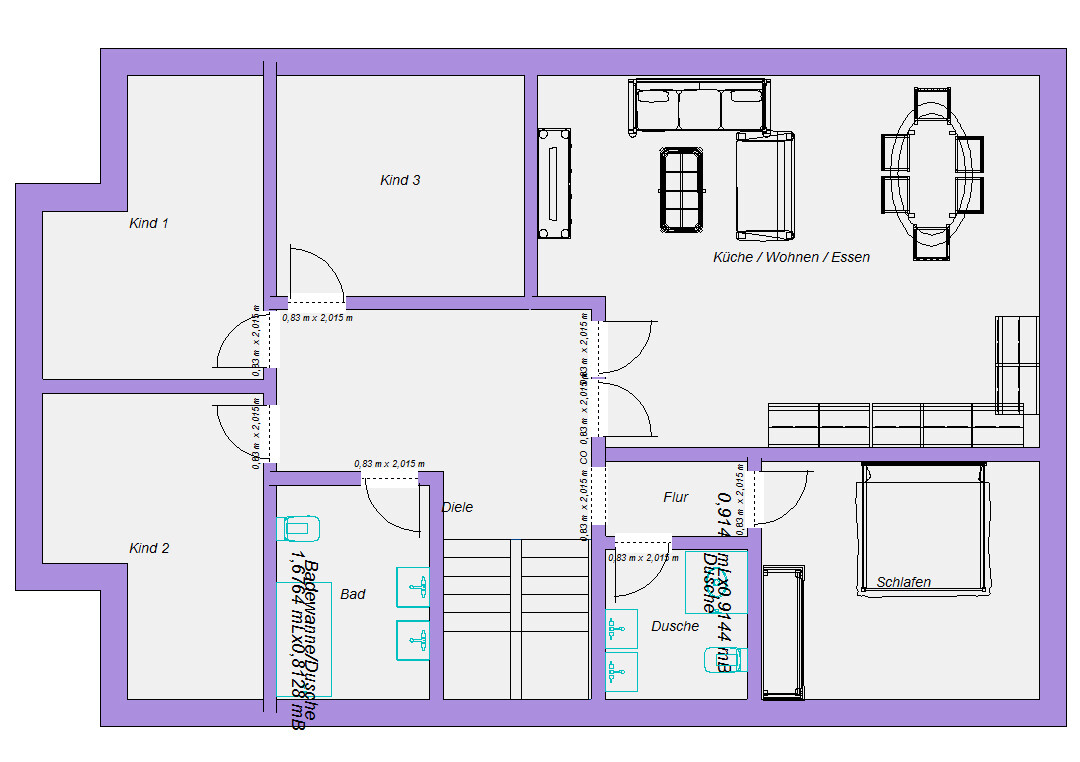 Grundriss eines Hauses: drei Kinderzimmer, Schlafzimmer, Küche/Wohnen/Essen, Bad, Dusche, Flur.