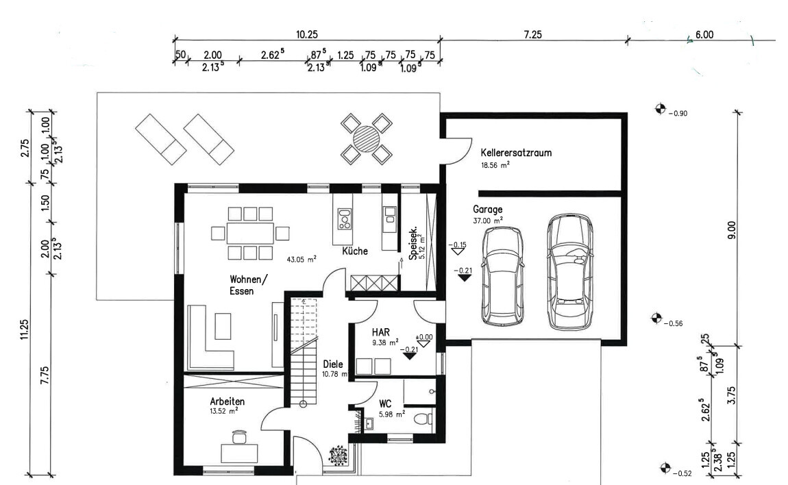 Grundrissplan eines Einfamilienhauses mit offenem Wohnraum, Küche, Diele und Garage