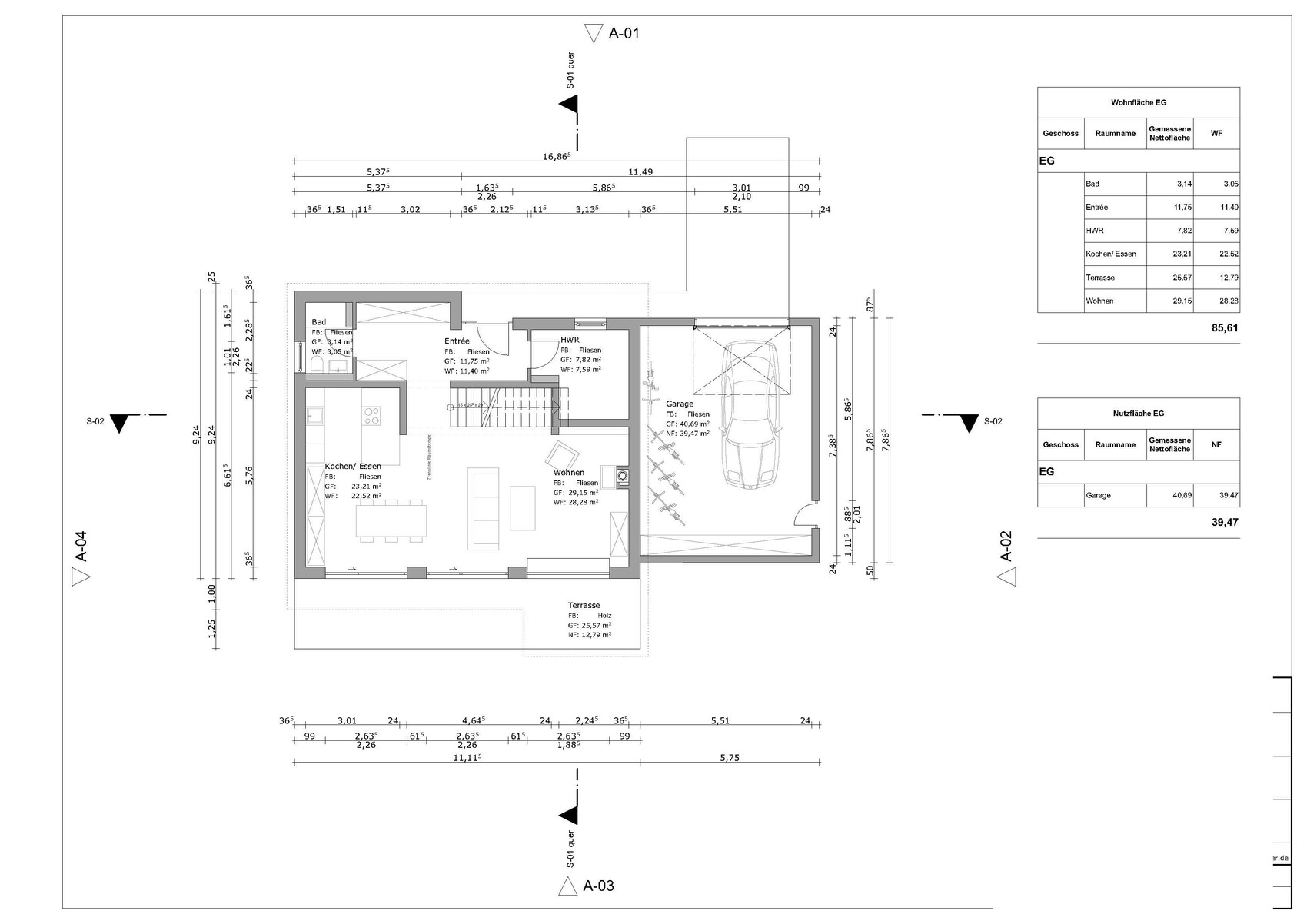 Grundriss EG: Küche, Essen, Wohnen, Bad, Garage und Terrasse.