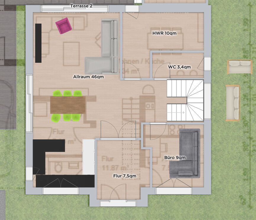 Grundriss einer Wohnung: offener Wohnbereich mit Küche, Büro, HWR, WC, Flur, Terrasse.