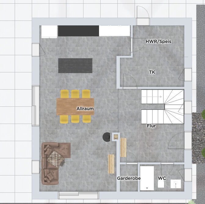 2D-Grundriss eines Hauses mit offenem Wohn- und Essbereich, Garderobe, Flur und WC.