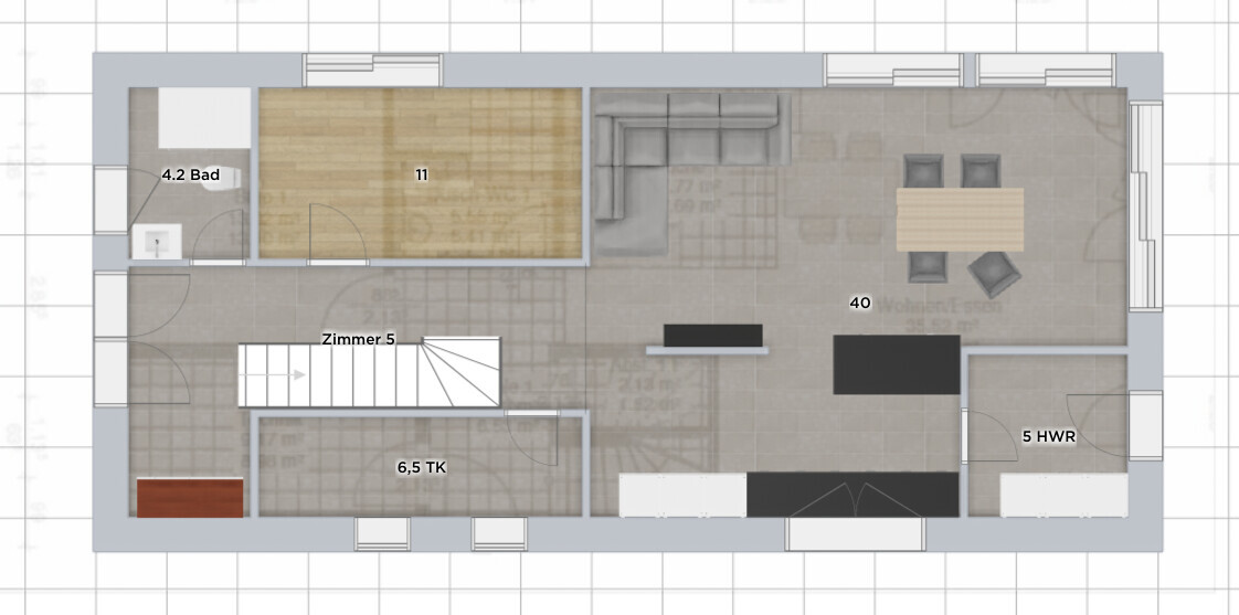 Grundriss einer Wohnung: Wohnzimmer mit Esstisch, Küche, Bad, Flur und Treppe.