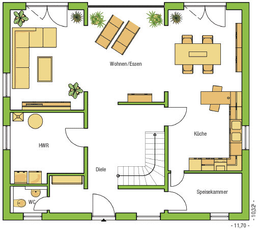 Grundriss eines Hauses: Wohnzimmer/Essen, Küche, Speisekammer, Diele, HWR, WC, Treppe