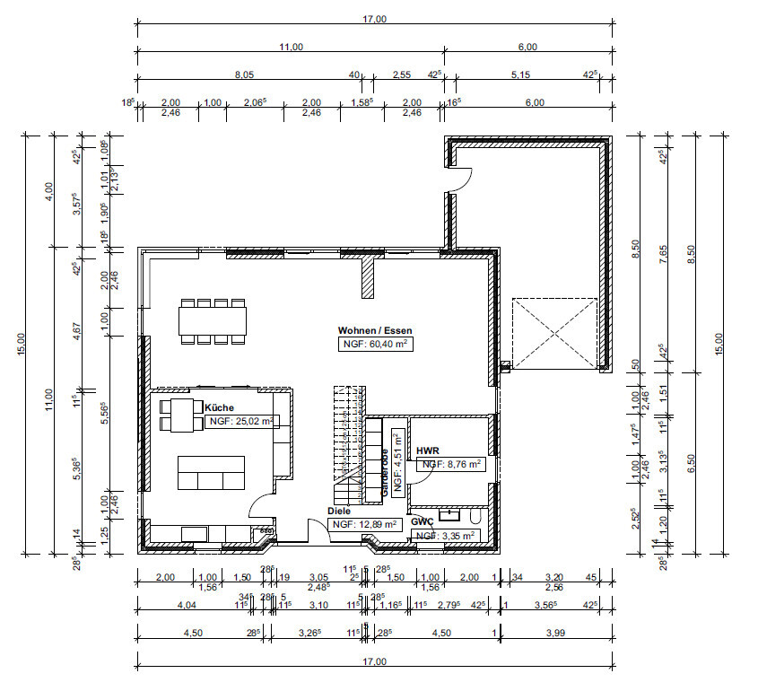 Erdgeschoss-Grundriss: Wohnen/Essen, Küche, Diele, HWR, Gäste-WC, Treppe.
