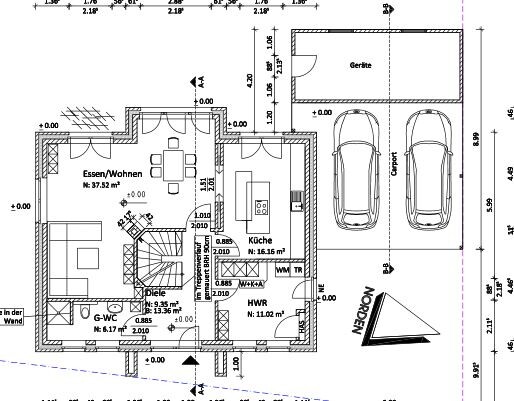 Grundriss eines Hauses: Essen/Wohnen, Küche, Diele, G-WC, HWR, Treppe, Garage mit zwei Fahrzeugen.