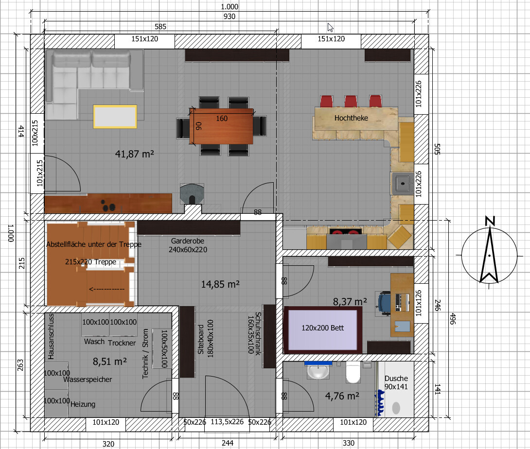 Grundriss eines Wohnhauses: Wohnzimmer, Essbereich, Küche, Bad, Schlafzimmer, Treppe, Waschküche.