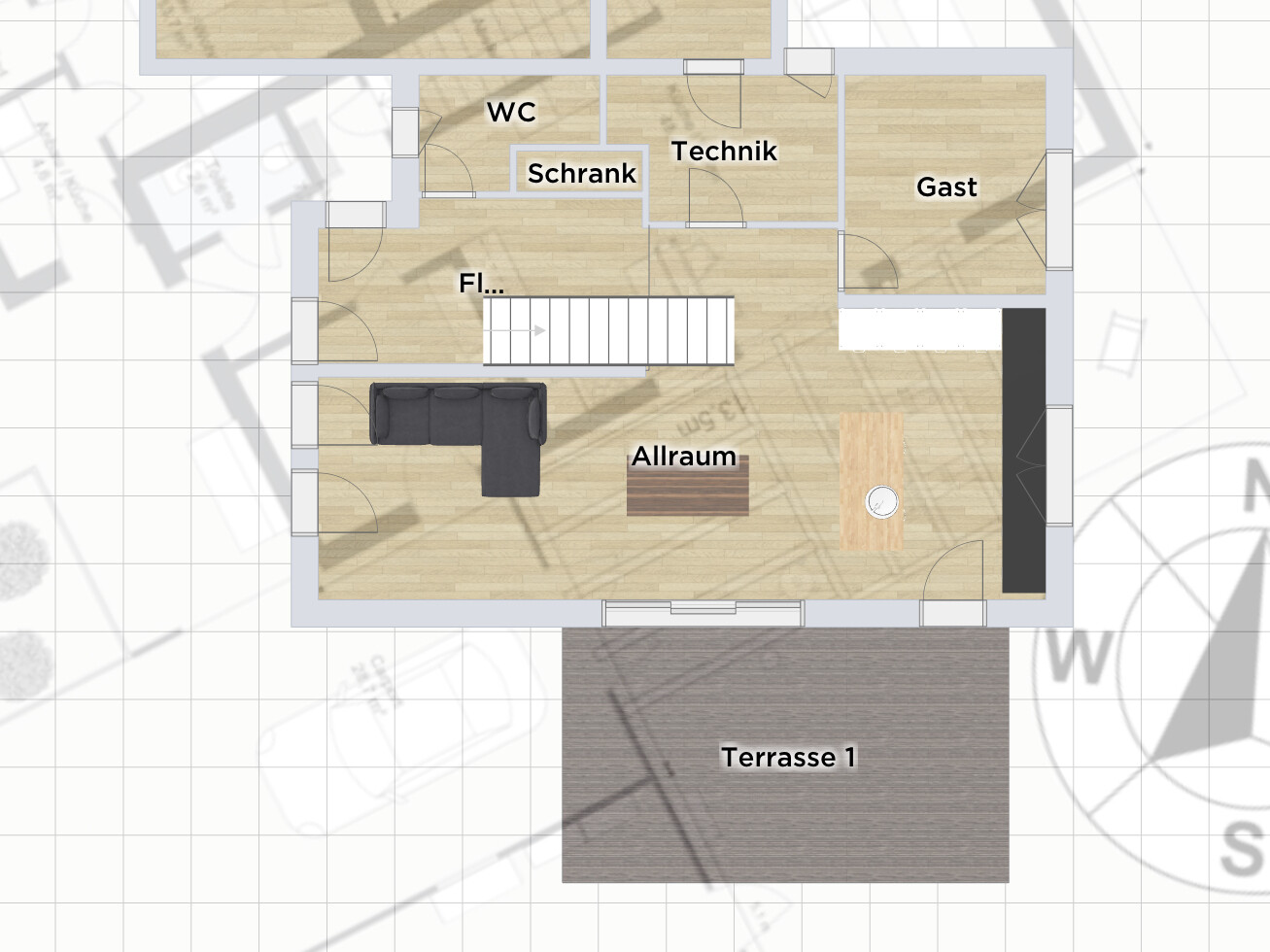 Grundriss eines Hauses: Allraum mit Sofa, Esstisch; Zimmer Gast, Technik, WC, Flur; Terrasse 1.