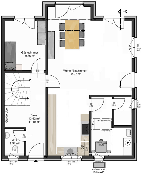 Grundriss eines Wohn- und Esszimmers mit Gästezimmer, Diele, WC und Küche