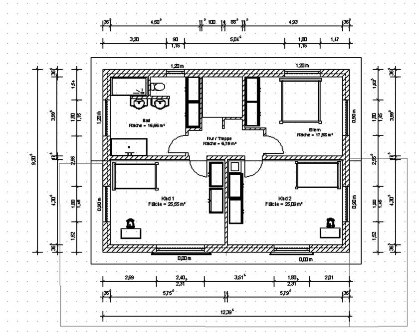 Grundriss eines Hauses mit Flur, Treppe und mehreren Zimmern