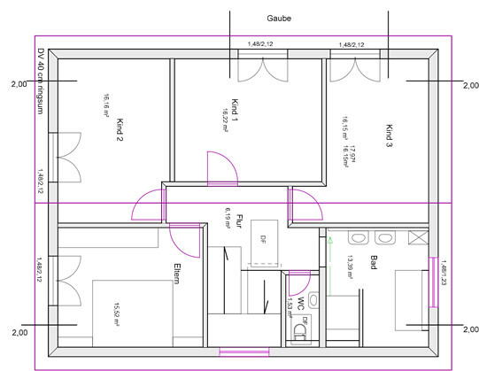2D-Grundriss eines Hauses mit Eltern- und Kinderzimmer, Bad, Küche, Flur