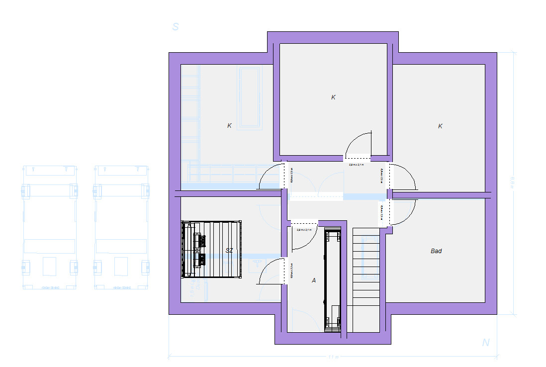 Grundriss eines Hauses mit Bad, Treppe, A und K-Zimmern; lila Außenwände, linkes Autostellfeld.