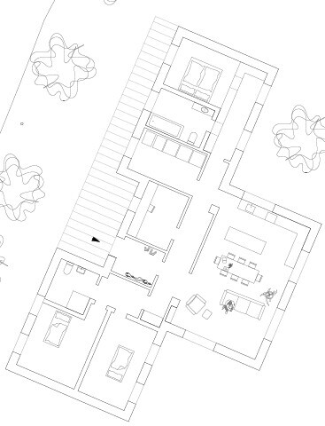 2D-Hausgrundriss-Lageplan mit Möbeln, Zimmern und Treppen im Plan
