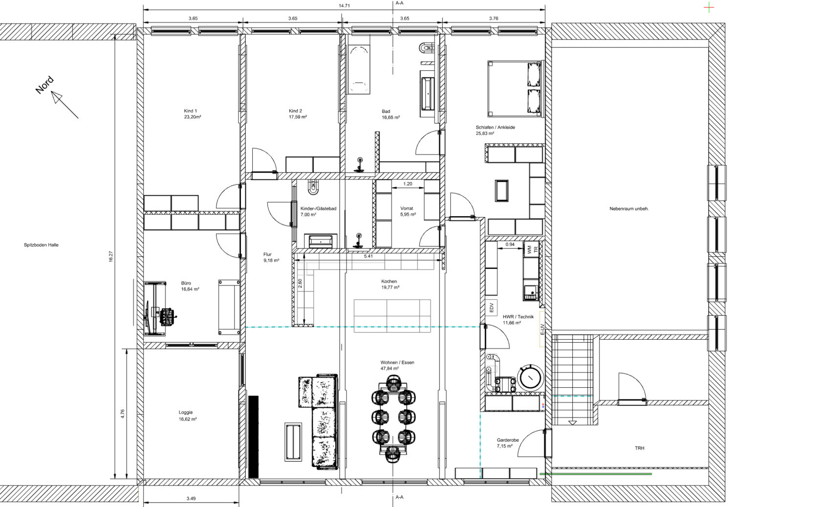Grundriss eines Einfamilienhauses: Küche, Wohnen, Schlafen, Kinderzimmer, Bad, Büro, Loggia, Garage.