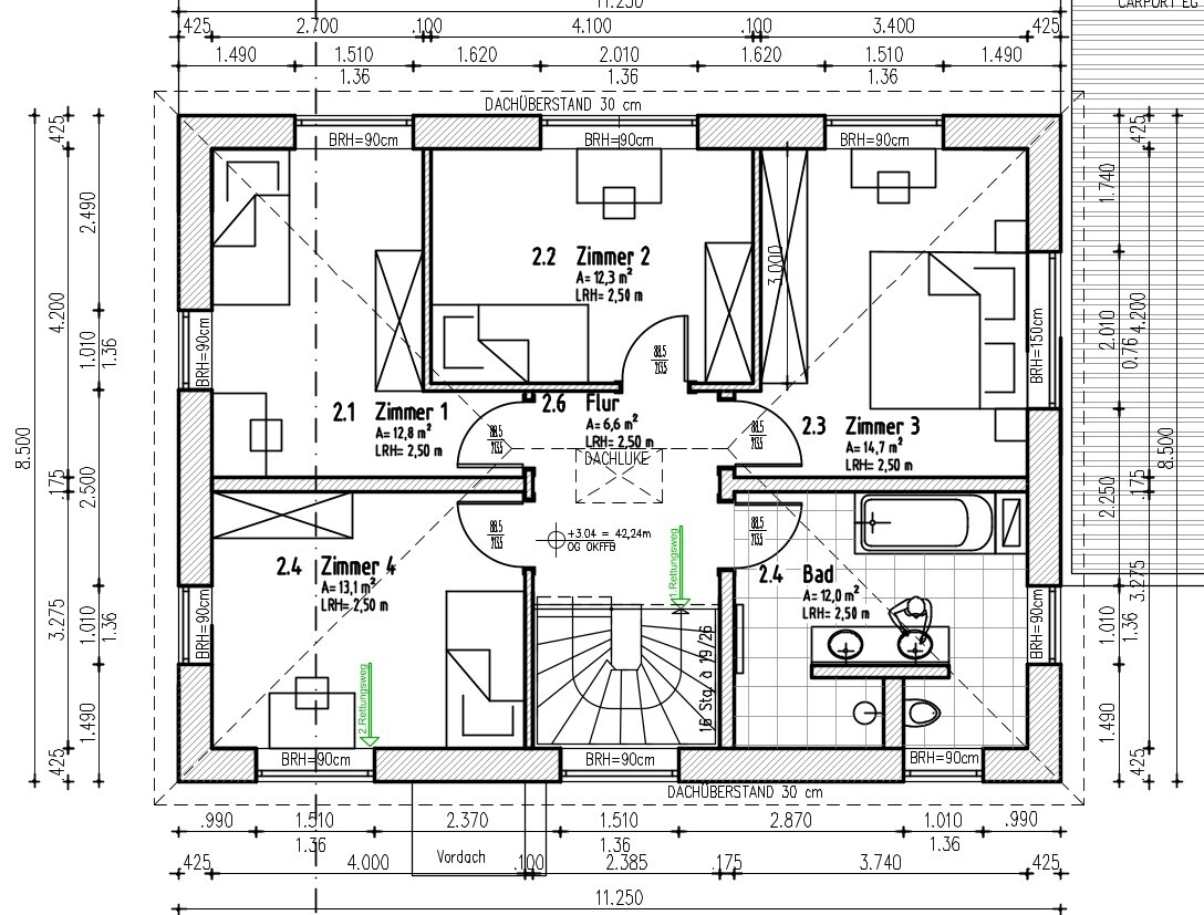 Grundriss eines Dachgeschosses mit Zimmern 1-4, Flur, Bad und Treppe.
