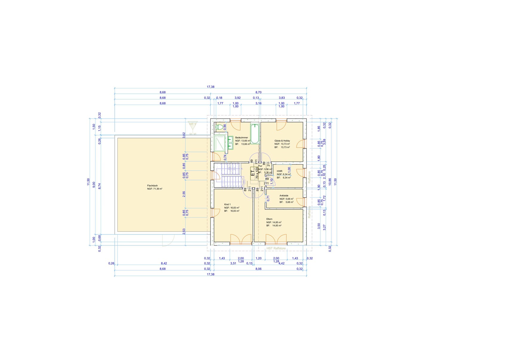 Grundriss eines Hauses mit mehreren Zimmern, Treppe und Maßlinien in Blau