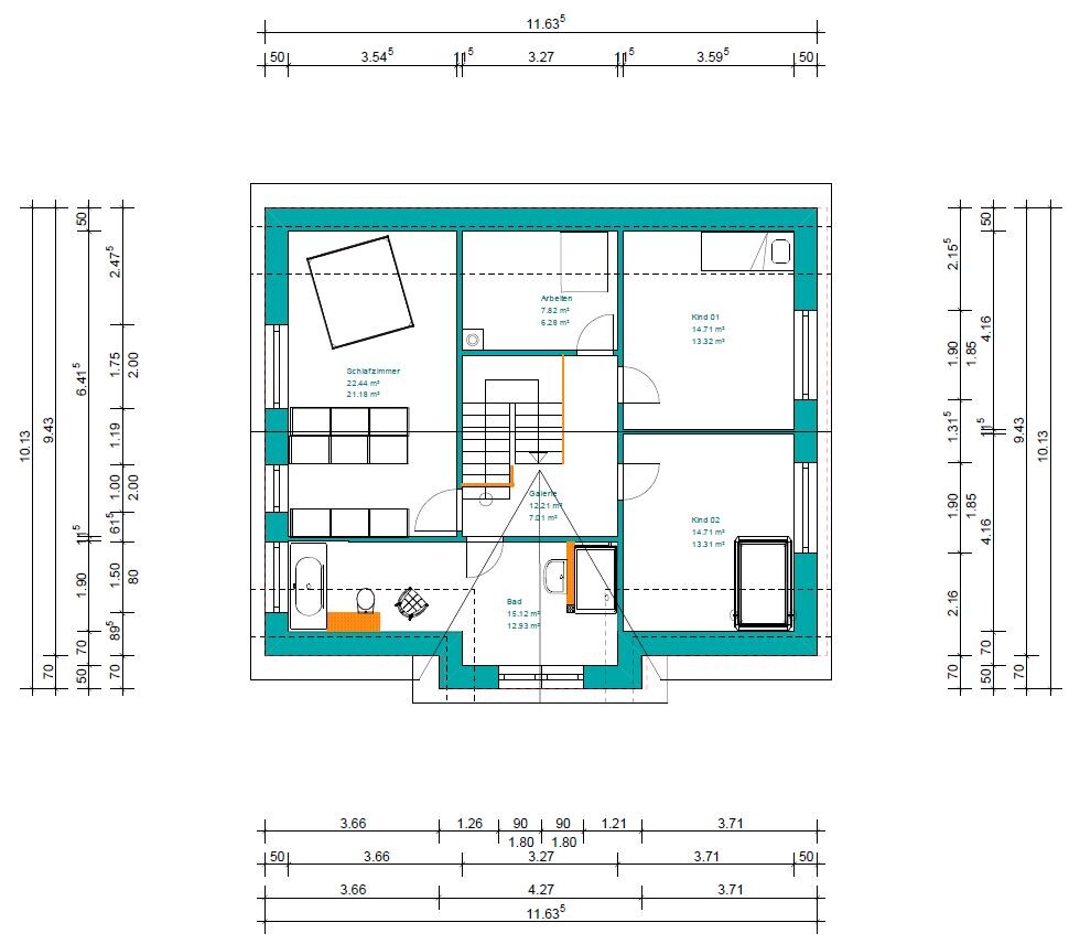2D-Grundriss eines Hauses mit Schlafzimmern, Bad, Flur und Treppen, farblich markiert