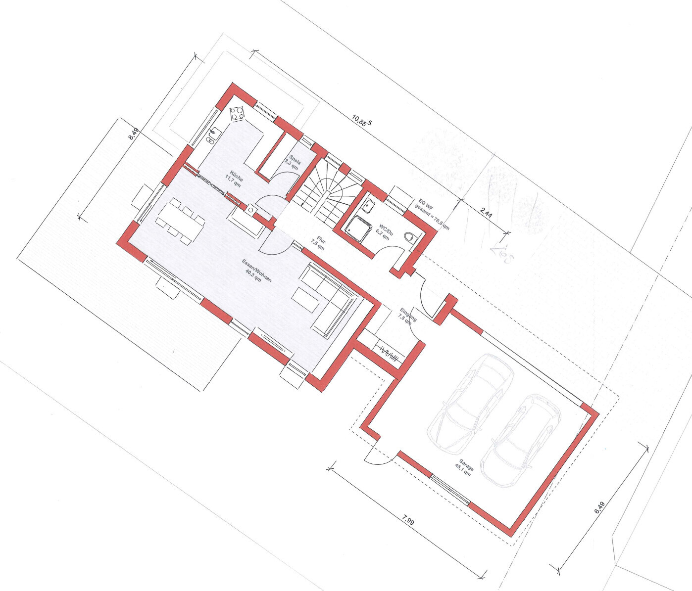 2D-Grundrissplan-eines-Hauses-mit-Wohnzimmer-Kueche-Bad-Garage