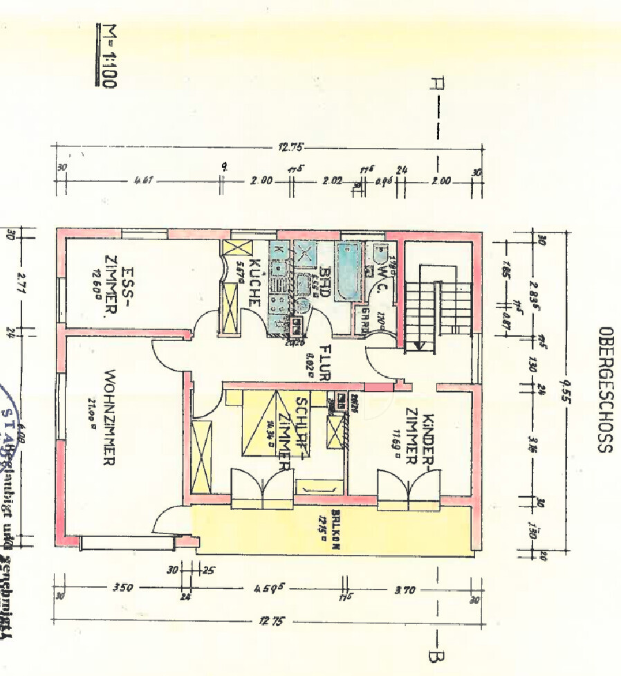 2D Grundriss eines Hauses mit Wohnzimmer, Küche, Bad und Schlafzimmer