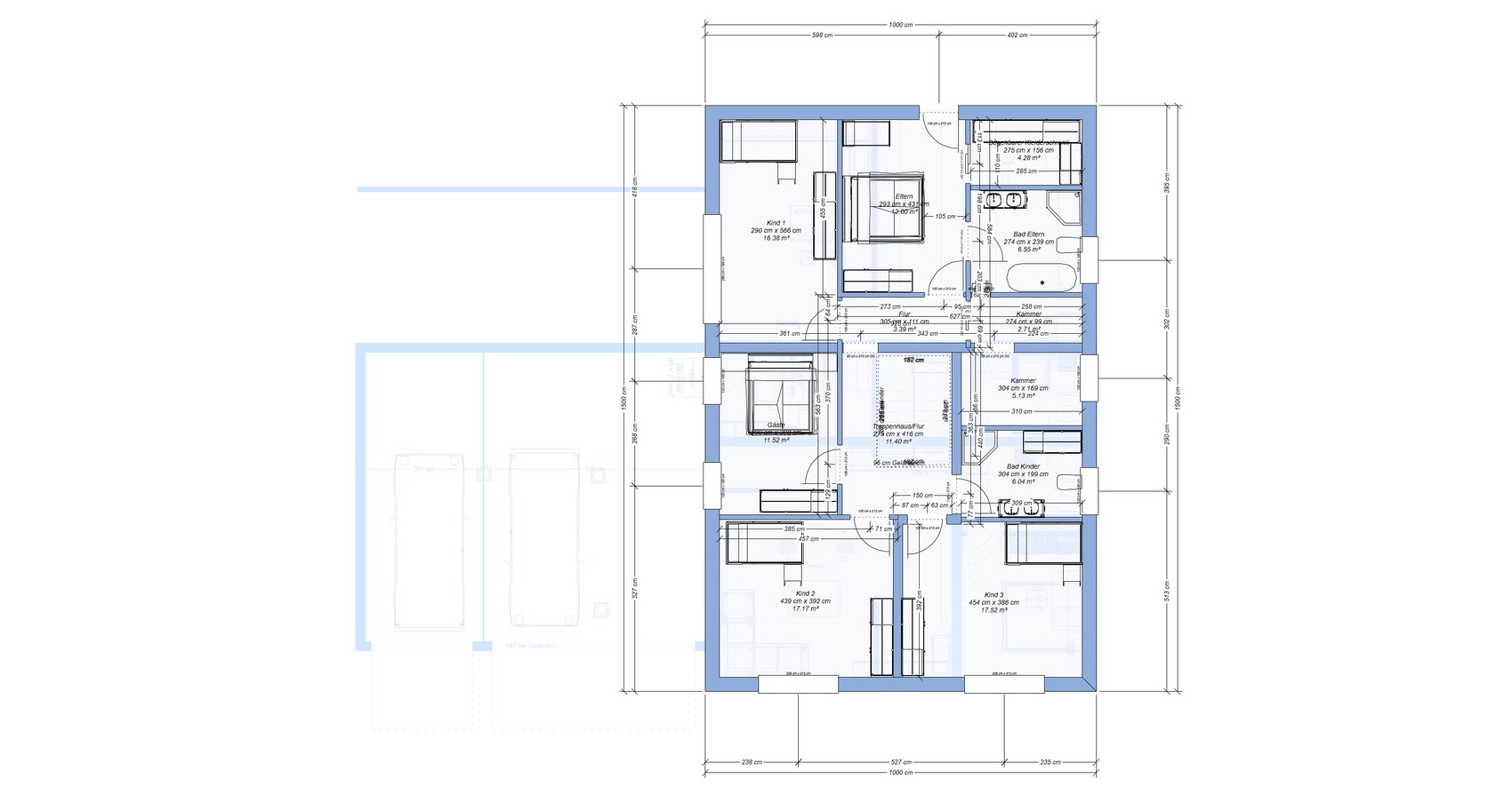 Grundriss eines Hauses: detaillierter Etagenplan mit Zimmern, Bad, Küche, Wohnzimmer und Garage.