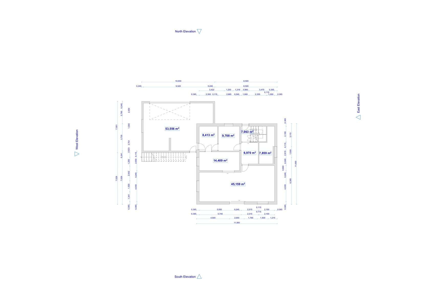 Grundriss eines Gebäudes mit mehreren Zimmern; blaue Maßlinien und Flächenangaben in m².