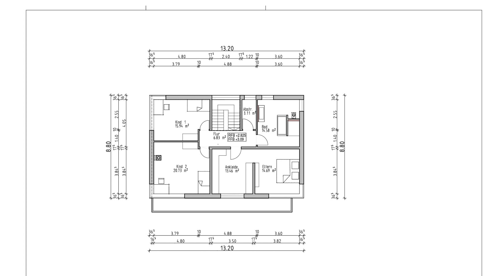 2D-Grundriss eines Hauses mit mehreren Zimmern, Flur und Maßangaben