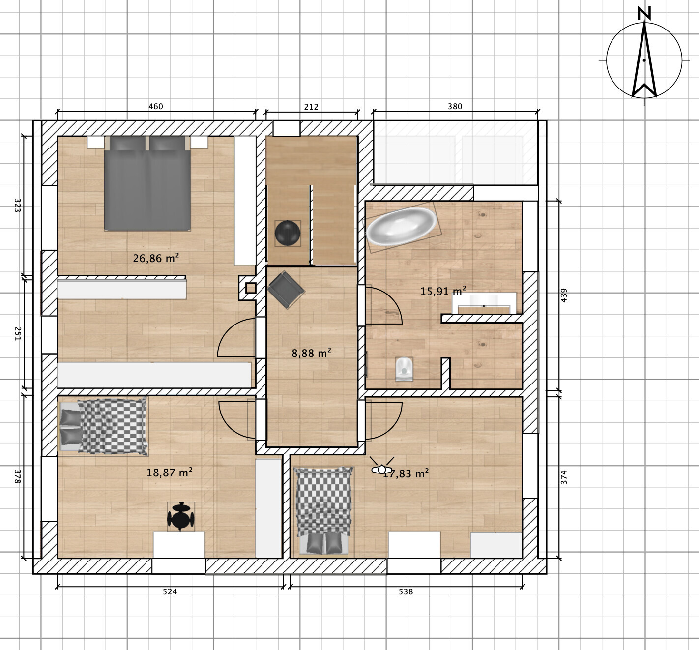 Grundriss einer 4-Zimmer-Wohnung mit Schlafzimmern, Wohnzimmer, Bad, Flur und Küche, Maße in m²