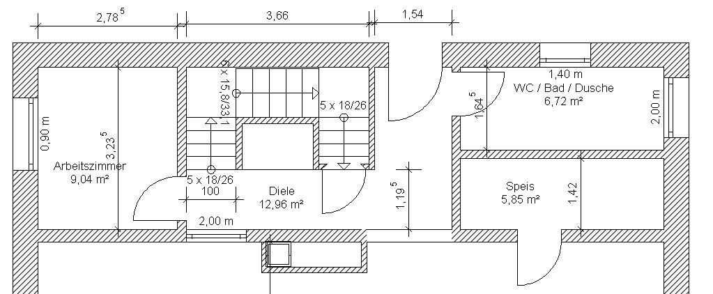 Grundriss eines Hauses: Arbeitszimmer, Diele, Speis, WC/Bad/Dusche, Treppenhaus.