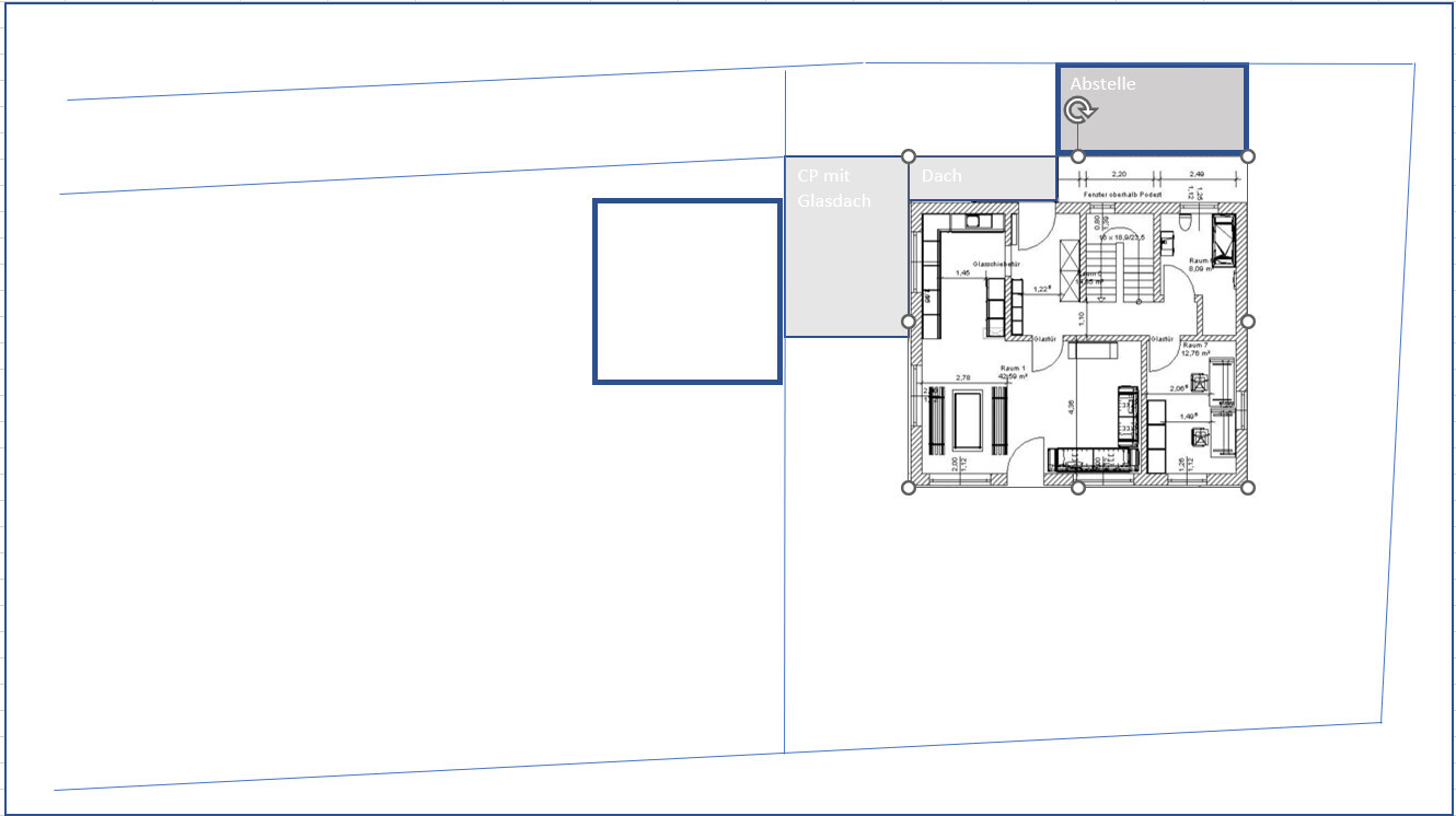 Grundriss eines Hauses mit Nebengebäuden; Abstelle, CP mit Glasdach, Dach