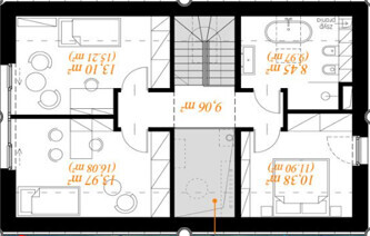 2D-Grundriss eines Hauses mit Treppen, Eingangsbereich und Zimmern