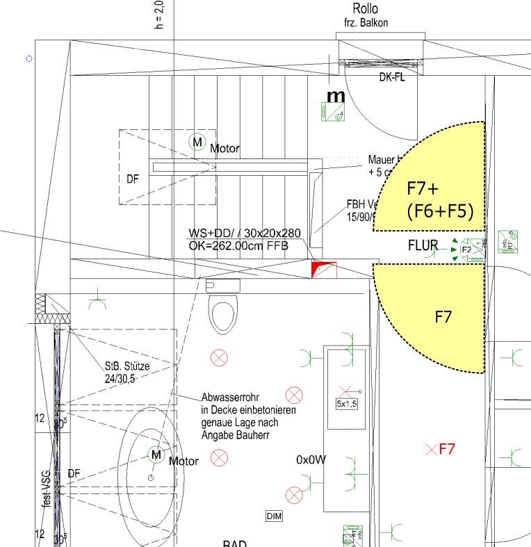 Grundriss eines Bauplans mit gelb markierten Bereichen F7 und F7+ sowie Flur.