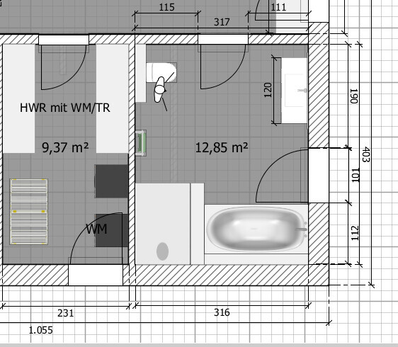 Grundriss eines Apartments: HWR mit WM, Wohnbereich, Schlafzimmer, Bad mit Wanne.