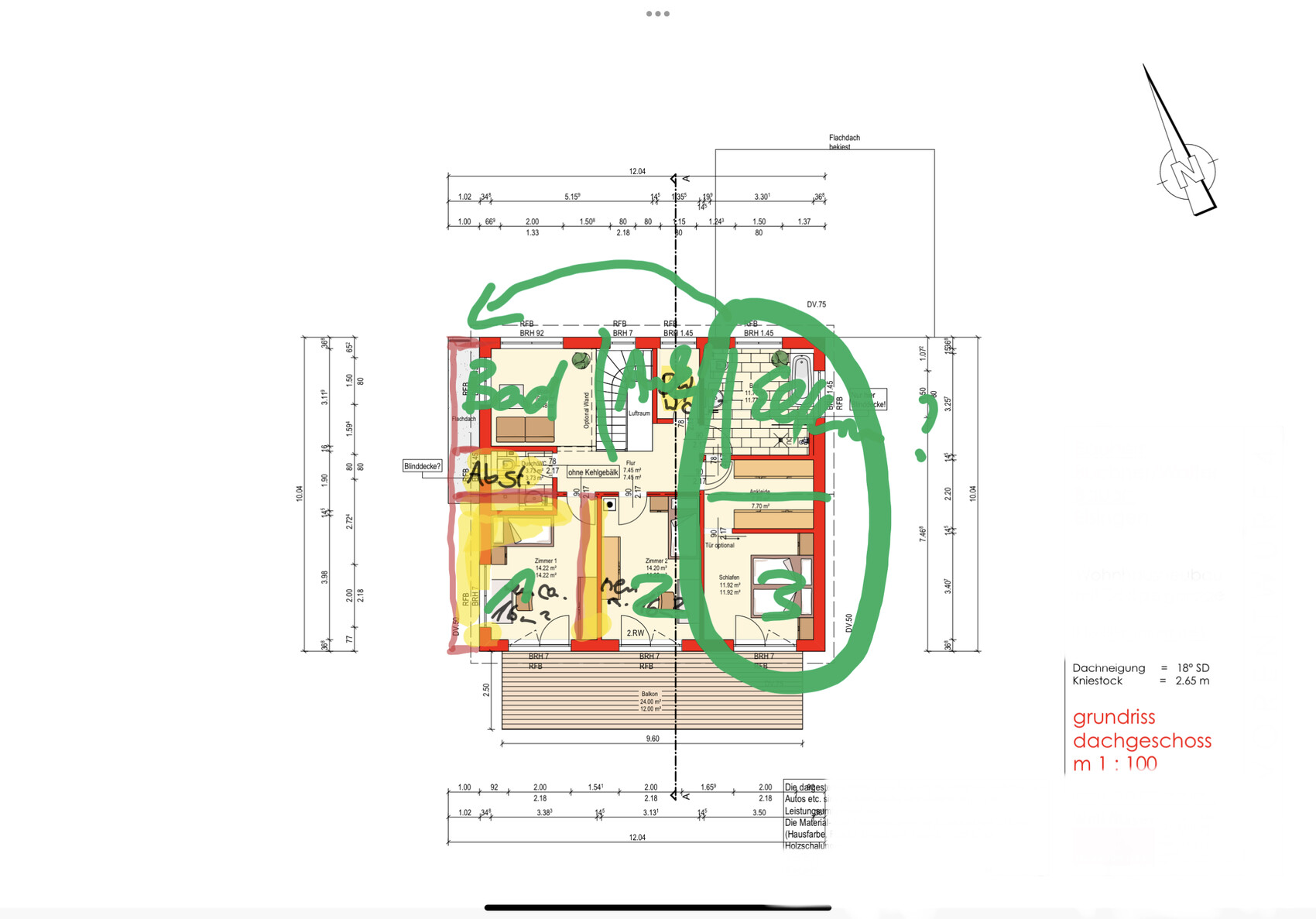 Grundriss Dachgeschoss mit Maßen; farbige Räume (rot, gelb) und grün markierter Bereich.