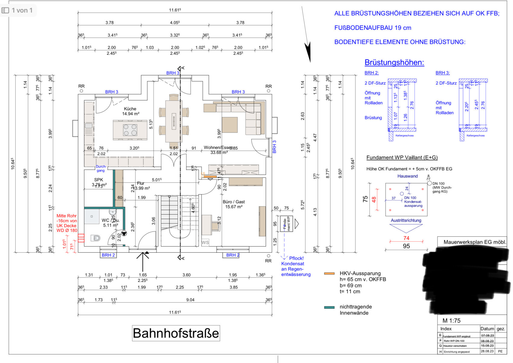 Grundriss eines Wohnhauses mit Küche, Wohnen/Essen, Flur, Büro/Gast, SPK, WC; Maßangaben.