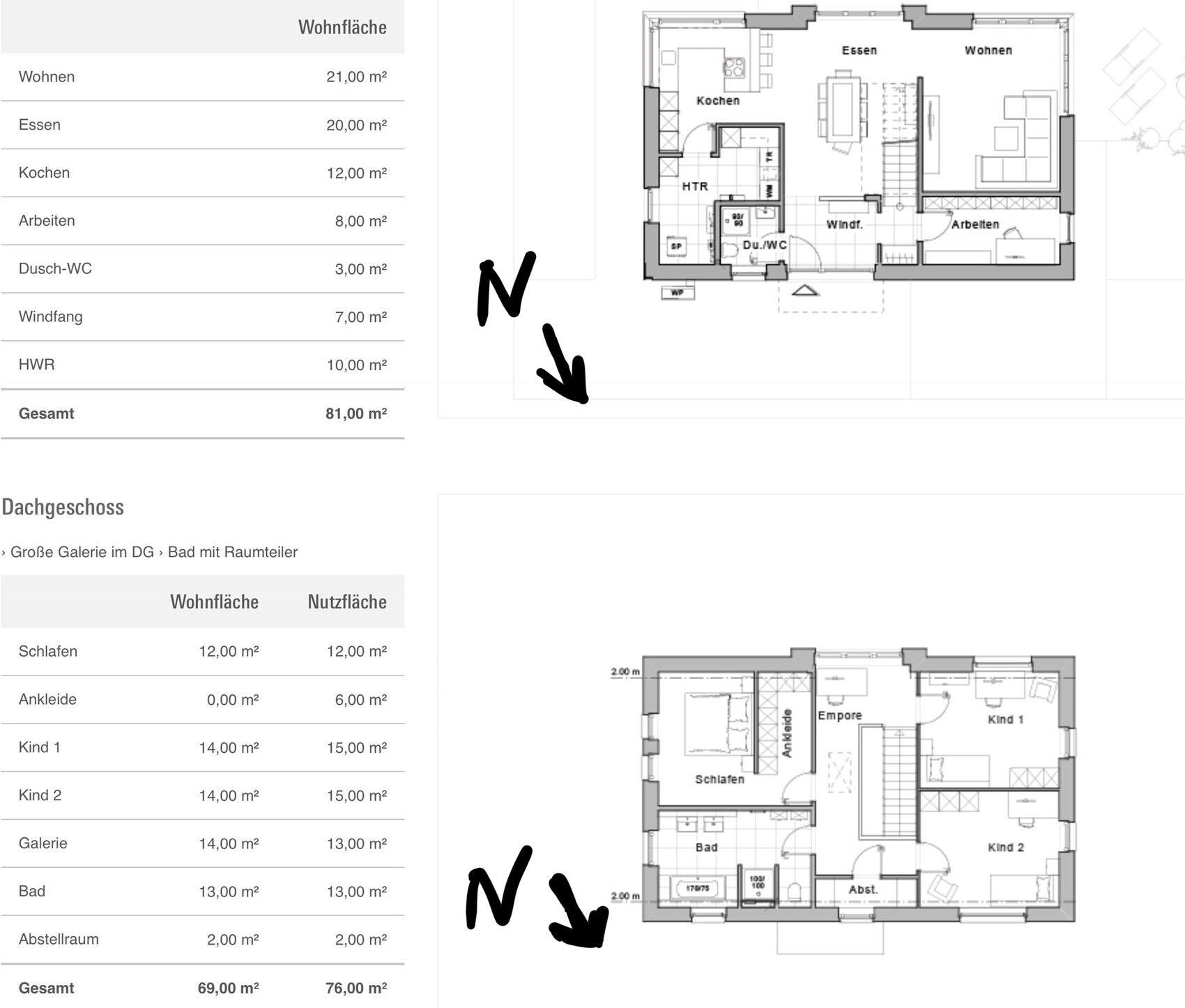 Zwei Grundrisspläne eines Hauses mit Wohn- und Schlafräumen sowie Tabellen links