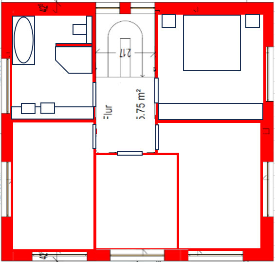 Grundriss eines Hauses: rote Außenwände, blaue Innenwände, zentrale Diele mit Treppe, mehrere Räume.