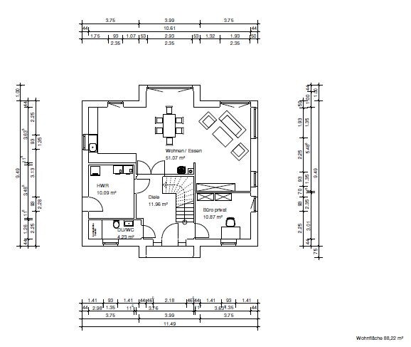 Grundriss eines Hauses: Wohnzimmer/Essen, Küche, Büro privat, Diele, HWR, Bad/WC, mit Maßangaben.