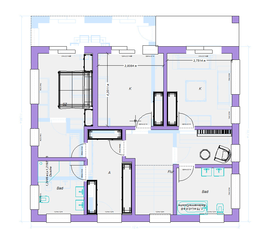 Grundriss einer Wohnung mit mehreren Räumen, Türen, Flur, Bad und Küche (K).