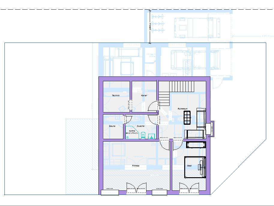 Grundriss eines Hauses mit violettem Rahmen; Technik, Sauna, Dusche, Ruheraum, Fitness, Gast.