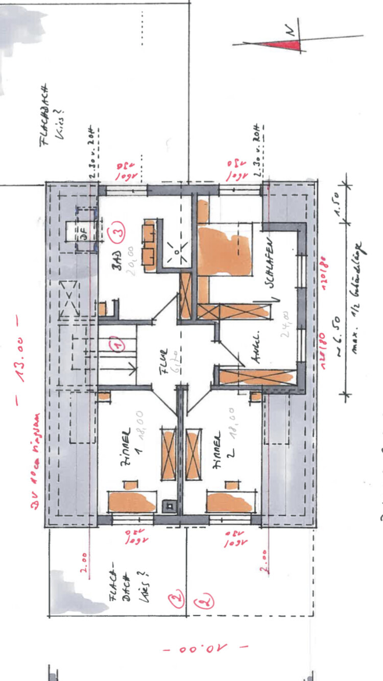 Grundriss eines Dachgeschosses mit zwei Zimmern, Flur, Treppe und Möbeln