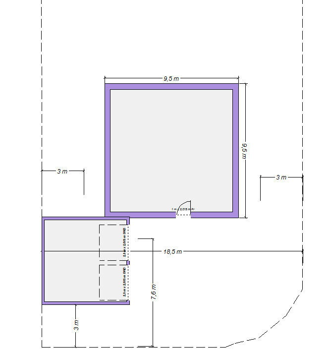 Grundriss: Großes 9,5×9,5 m Quadrat rechts; kleines Rechteck links unten.