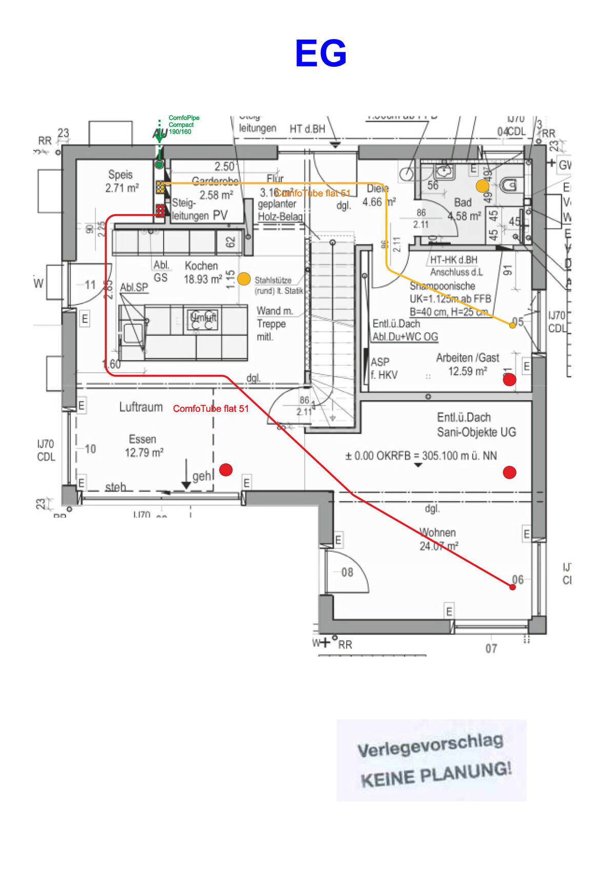Grundriss eines Hauses mit Küche, Essen und Wohnen; farbige Linien markieren Wege.