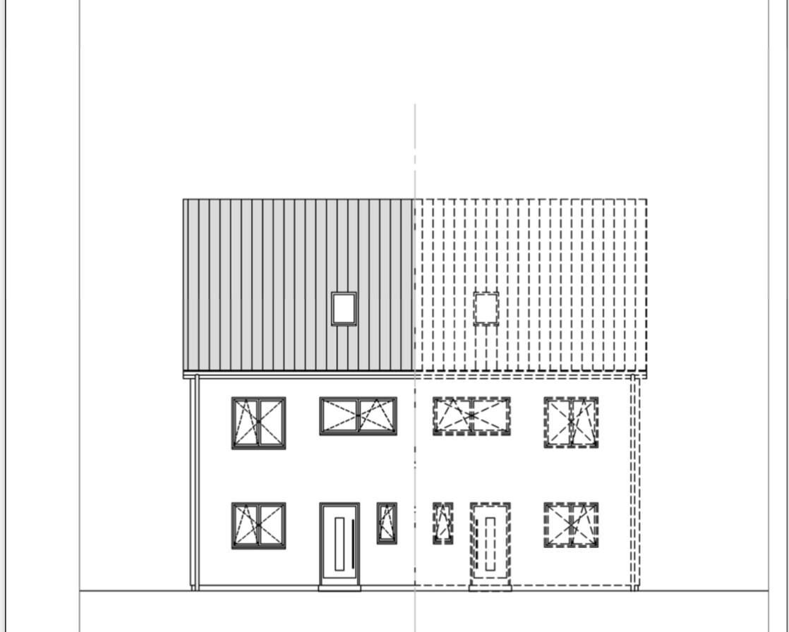 Zweigeschossiges Haus-Entwurfsdiagramm: linkes Teil mit festem Dach, rechtes Teil gestrichelt als Entwurf.