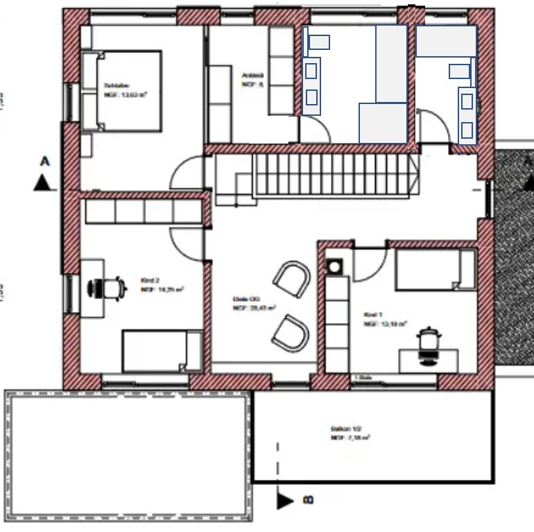 Grundriss eines Wohnhauses mit Schlafzimmer, Kinderzimmer, Arbeitszimmer, Wohnzimmer, Flur und Treppe.