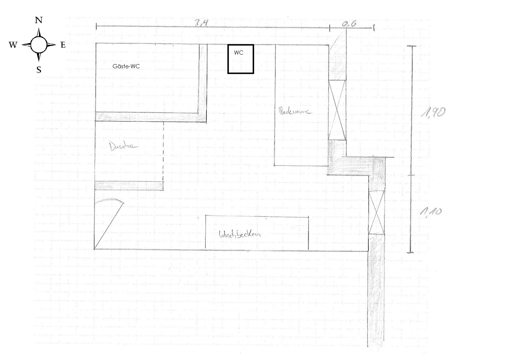 Handgezeichnete Grundrissskizze eines Hauses mit Gäste-WC, WC, Dachboden und Waschküche