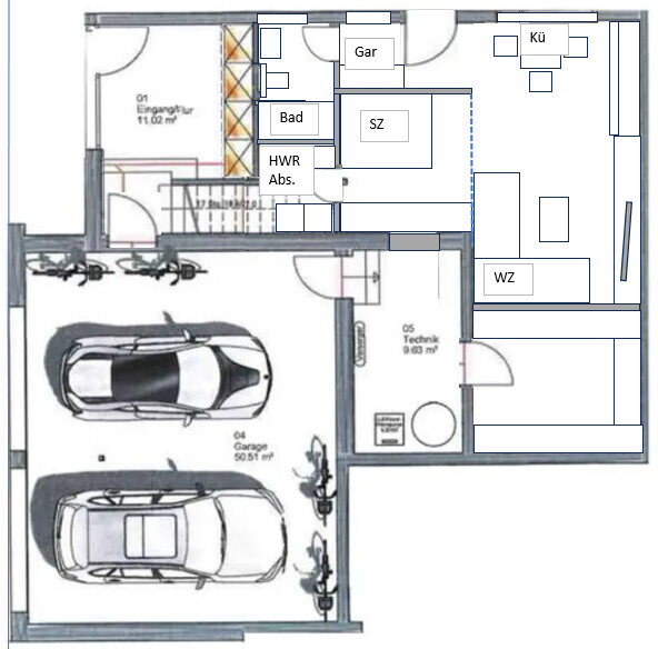 Grundriss eines Hauses mit Doppelgarage, Eingang, Flur, Bad, HWR, SZ, WZ, Küche und Technik.