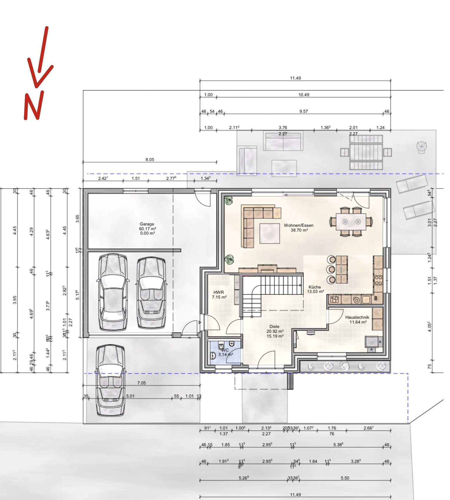 Grundriss eines Hauses: Garage, Wohn- und Essbereich, Küche und Diele.