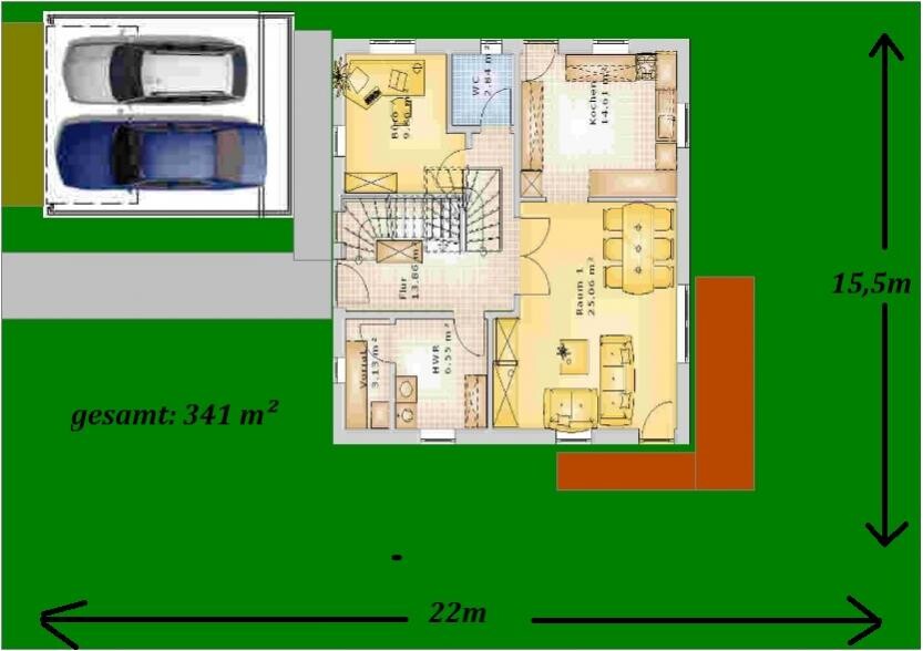 Grundriss eines Einfamilienhauses mit Garage, Garten und offenem Wohn-/Essbereich.